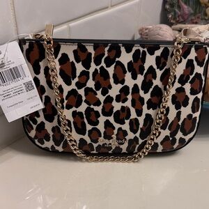 kate spade Leopard-Print  Pochette with Gold Chain - Brown/Black/Cream NWT